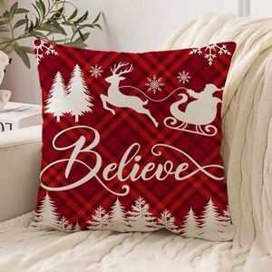 Believe Red & White Christmas Holiday Throw Pillow Cover